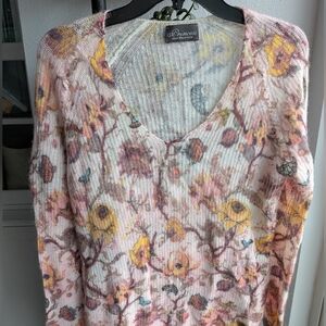 Natural Fiber, Alpaca Wool Blend Floral V-Neck Sweater - Size 34 (XS)